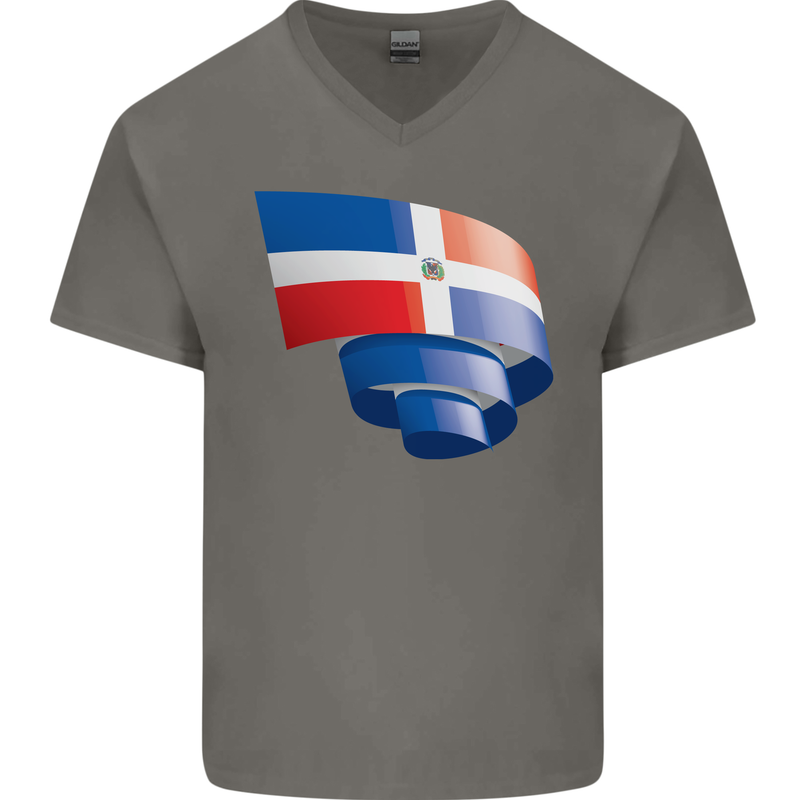 Curled Dominican Republic Flag Dominicanos Day Mens V-Neck Cotton T-Shirt Charcoal
