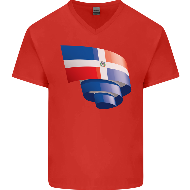 Curled Dominican Republic Flag Dominicanos Day Mens V-Neck Cotton T-Shirt Red