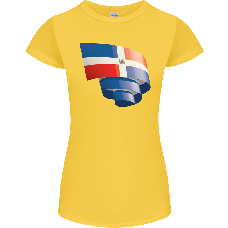 Curled Dominican Republic Flag Dominicanos Day Womens Petite Cut T-Shirt Yellow