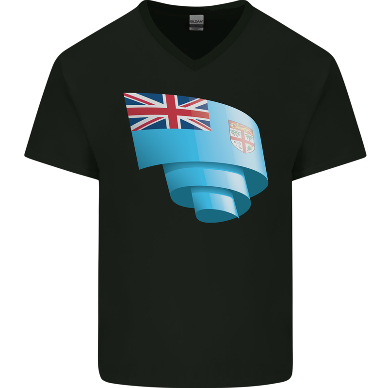 Curled Fiji Flag Fijian Day Football Mens V-Neck Cotton T-Shirt Black