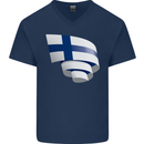 Curled Finland Flag Finnish Day Football Mens V-Neck Cotton T-Shirt Navy Blue