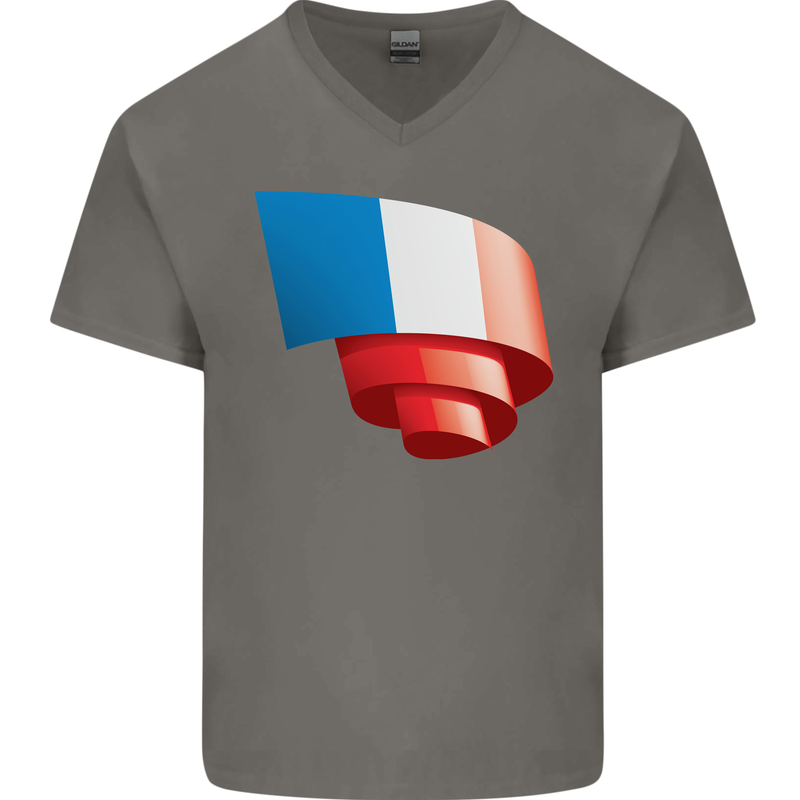 Curled France Flag French Day Football Mens V-Neck Cotton T-Shirt Charcoal