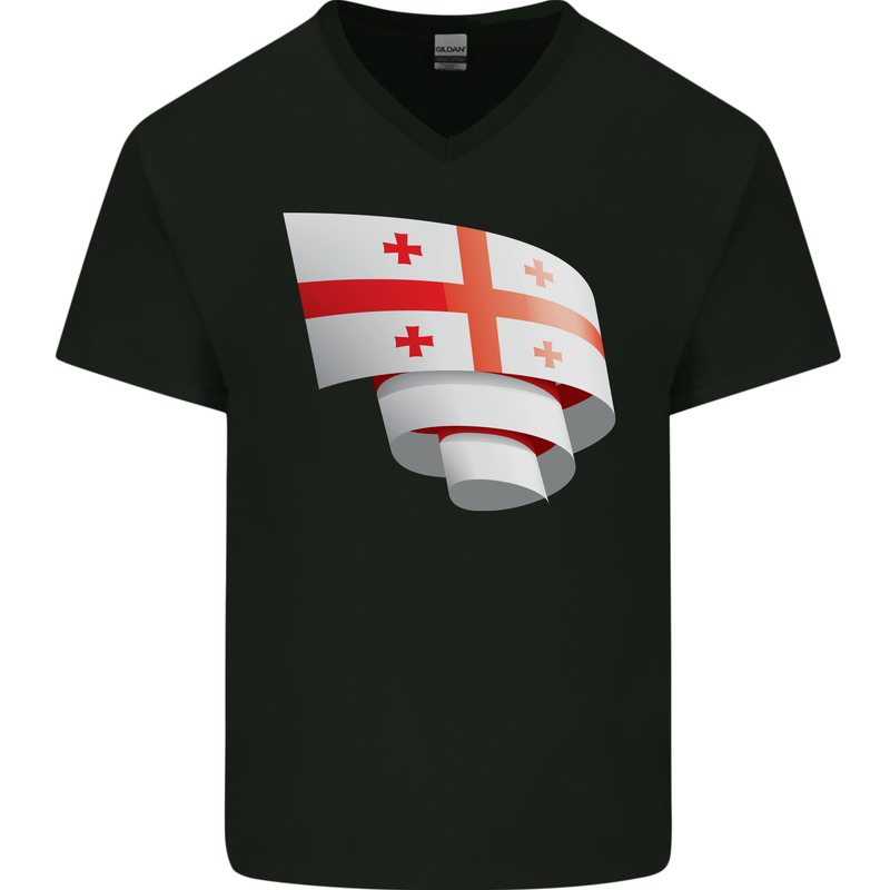 Curled Georgia Flag Georgian Day Football Mens V-Neck Cotton T-Shirt Black