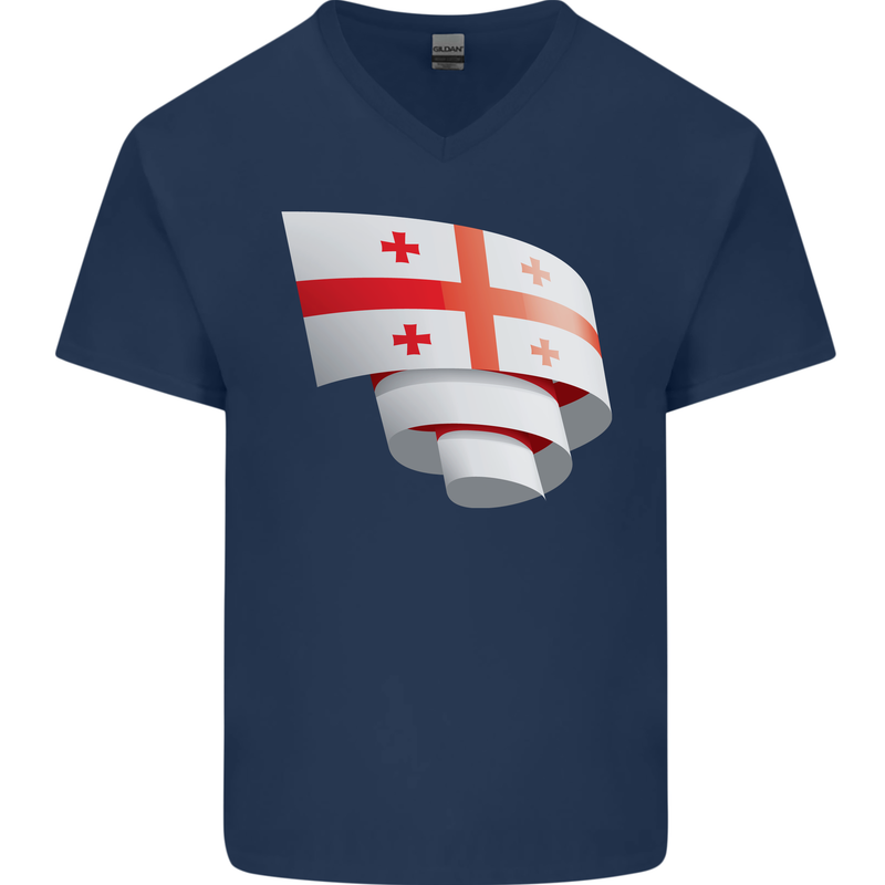 Curled Georgia Flag Georgian Day Football Mens V-Neck Cotton T-Shirt Navy Blue
