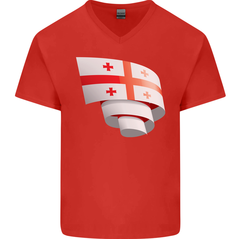 Curled Georgia Flag Georgian Day Football Mens V-Neck Cotton T-Shirt Red