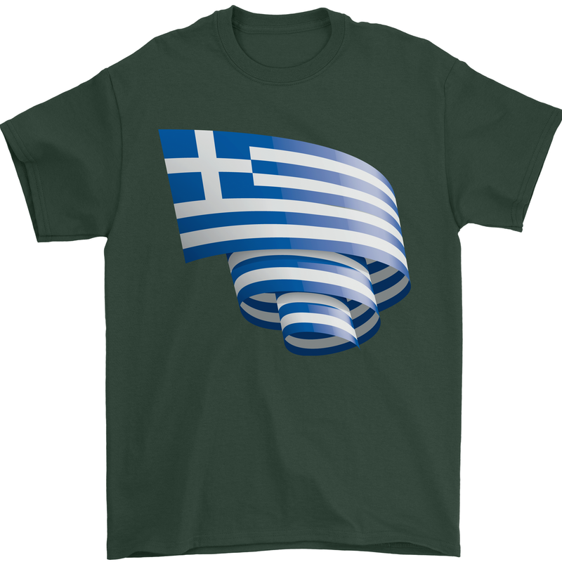 Curled Greece Flag Greek Day Football Mens T-Shirt 100% Cotton Forest Green