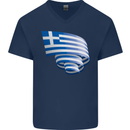 Curled Greece Flag Greek Day Football Mens V-Neck Cotton T-Shirt Navy Blue