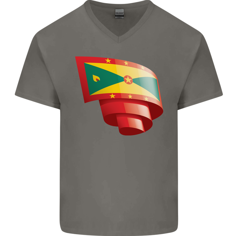 Curled Grenada Flag Grenadians Day Football Mens V-Neck Cotton T-Shirt Charcoal