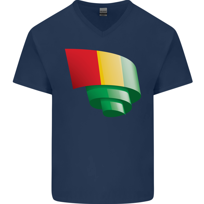 Curled Guinea Flag Guinean Day Football Mens V-Neck Cotton T-Shirt Navy Blue