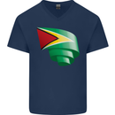 Curled Guyana Flag Guyanese Day Football Mens V-Neck Cotton T-Shirt Navy Blue