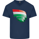 Curled Hungary Flag Hungarian Day Football Mens V-Neck Cotton T-Shirt Navy Blue