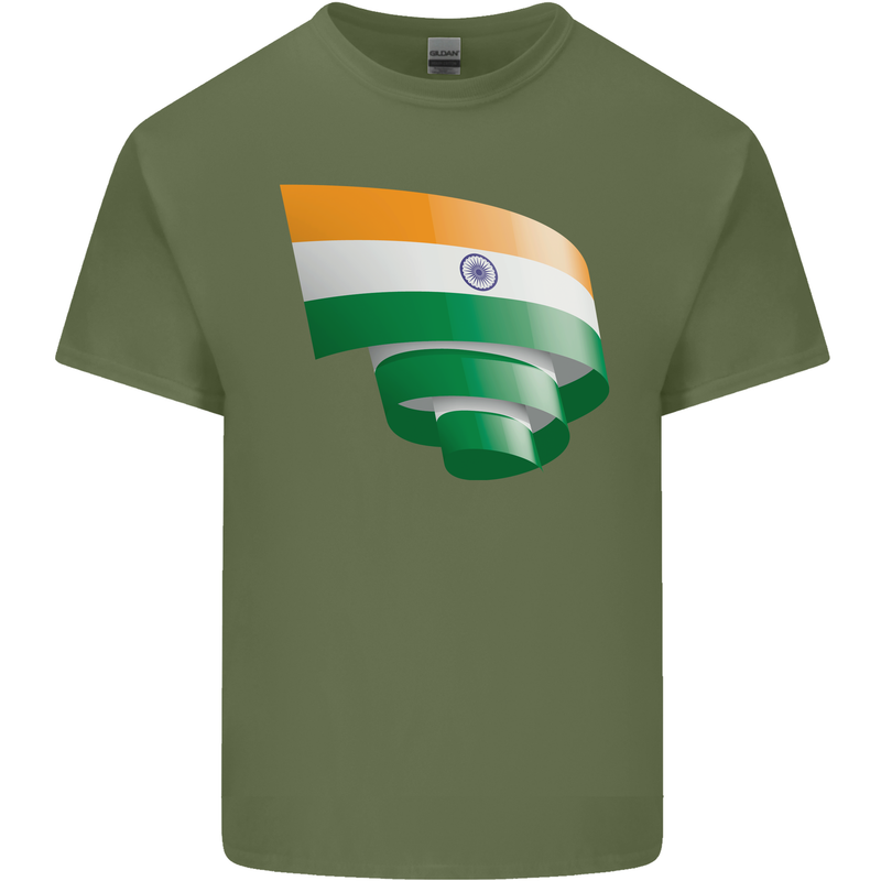 Curled India Flag Indian Day Football Mens Cotton T-Shirt Tee Top Military Green