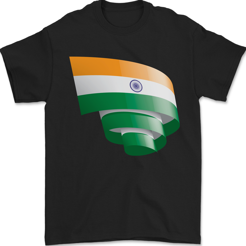 Curled India Flag Indian Day Football Mens T-Shirt 100% Cotton Black