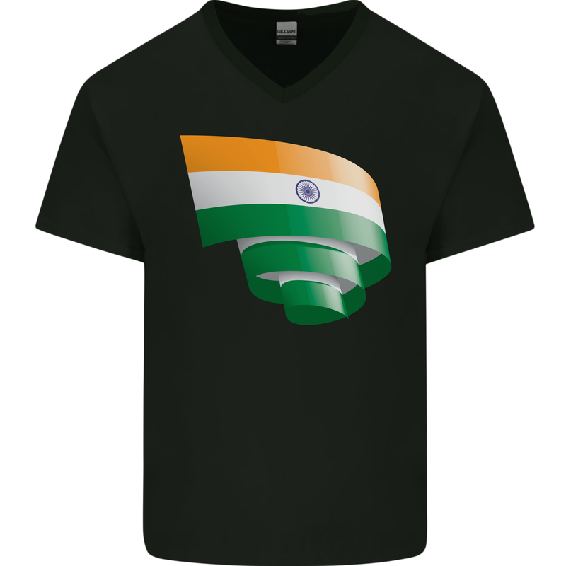 Curled India Flag Indian Day Football Mens V-Neck Cotton T-Shirt Black