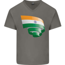 Curled India Flag Indian Day Football Mens V-Neck Cotton T-Shirt Charcoal