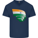 Curled India Flag Indian Day Football Mens V-Neck Cotton T-Shirt Navy Blue
