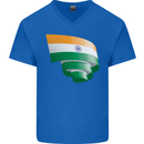 Curled India Flag Indian Day Football Mens V-Neck Cotton T-Shirt Royal Blue