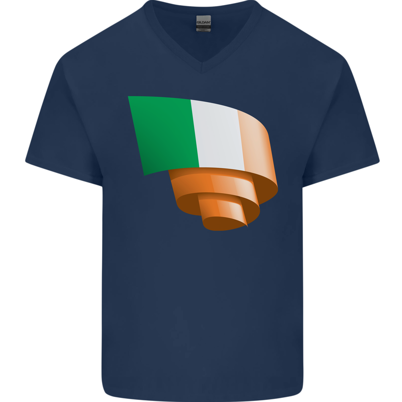 Curled Ireland Flag Irish St Patricks Day Football Mens V-Neck Cotton T-Shirt Navy Blue