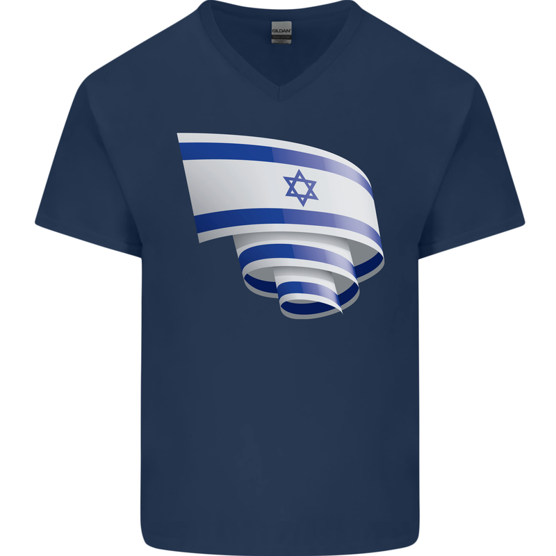 Curled Israel Flag Israeli Day Football Mens V-Neck Cotton T-Shirt Navy Blue