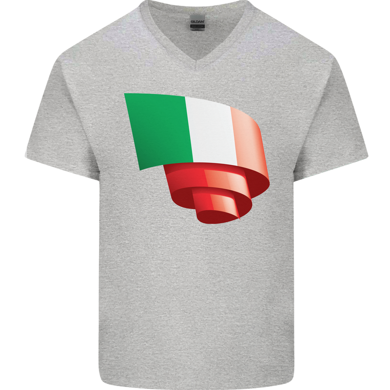 Curled Italy Flag Italians Day Football Mens V-Neck Cotton T-Shirt Sports Grey