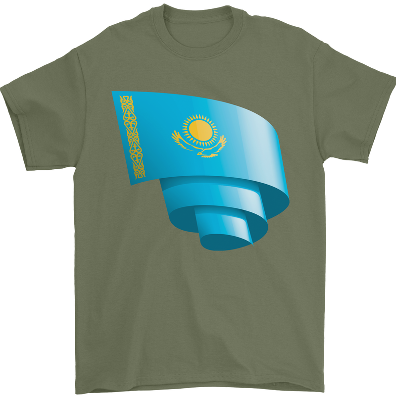 Curled Kazakhstan Flag Kazakh Day Football Mens T-Shirt 100% Cotton Military Green