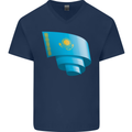 Curled Kazakhstan Flag Kazakh Day Football Mens V-Neck Cotton T-Shirt Navy Blue