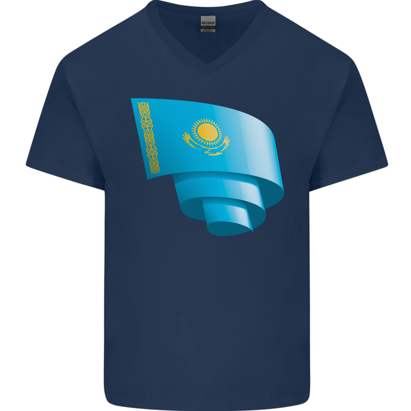 Curled Kazakhstan Flag Kazakh Day Football Mens V-Neck Cotton T-Shirt Navy Blue