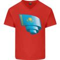 Curled Kazakhstan Flag Kazakh Day Football Mens V-Neck Cotton T-Shirt Red