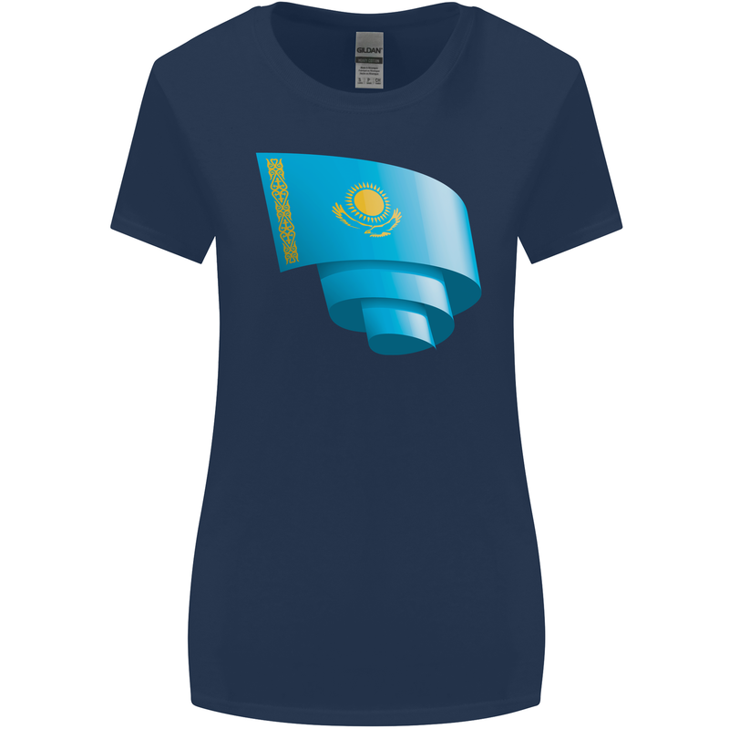 Curled Kazakhstan Flag Kazakh Day Football Womens Wider Cut T-Shirt Navy Blue