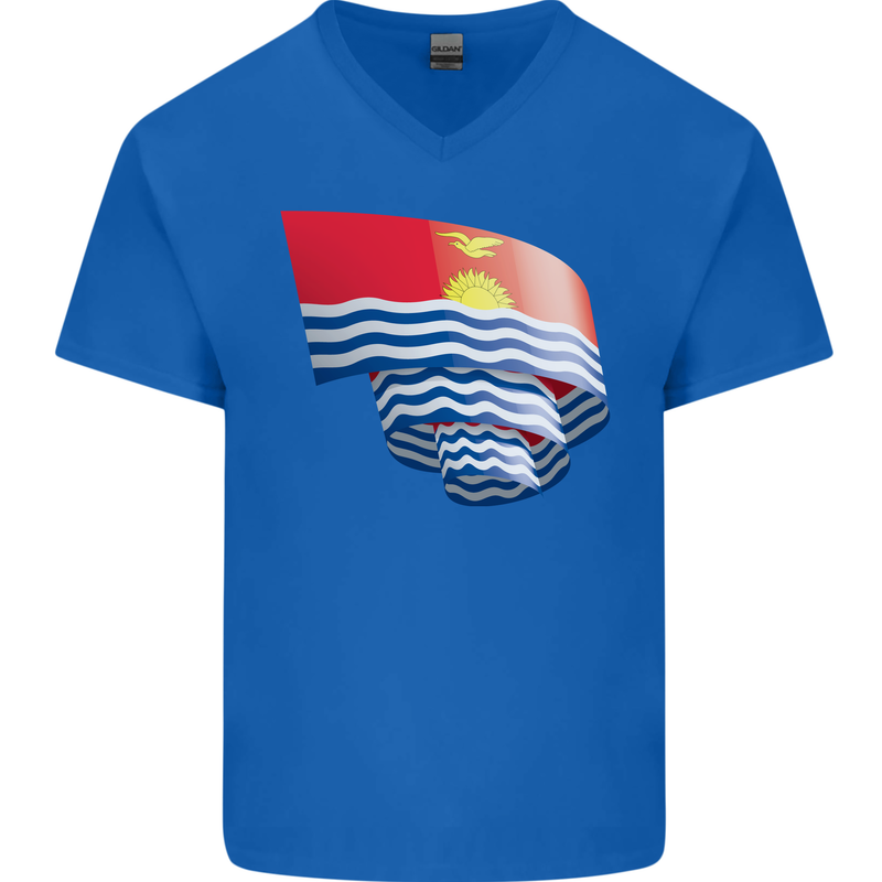 Curled Kiribati Flag Day Football Mens V-Neck Cotton T-Shirt Royal Blue