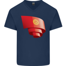 Curled Kyrgyzstan Flag Kyrgyz Day Football Mens V-Neck Cotton T-Shirt Navy Blue
