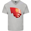 Curled Kyrgyzstan Flag Kyrgyz Day Football Mens V-Neck Cotton T-Shirt Sports Grey