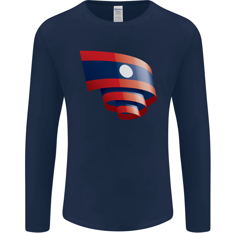 Curled Laos Flag Laotian Day Football Mens Long Sleeve T-Shirt Navy Blue