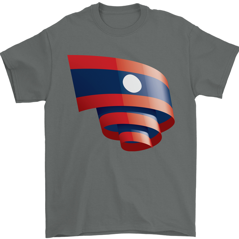 Curled Laos Flag Laotian Day Football Mens T-Shirt 100% Cotton Charcoal