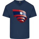 Curled Laos Flag Laotian Day Football Mens V-Neck Cotton T-Shirt Navy Blue