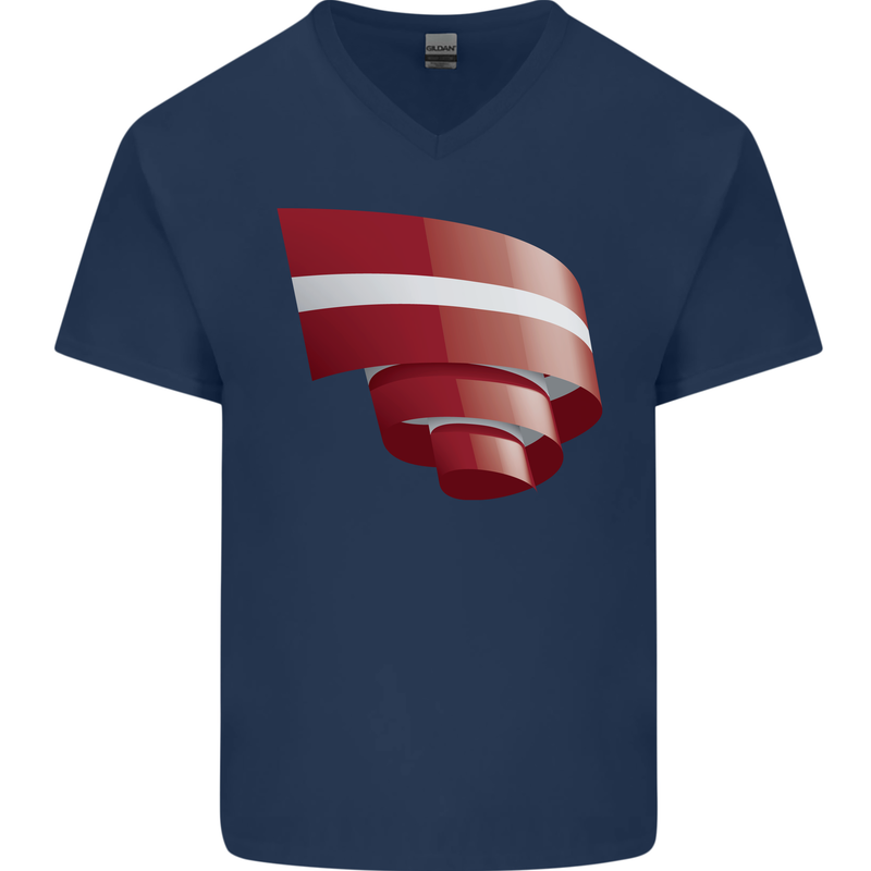Curled Latvia Flag Latvian Day Football Mens V-Neck Cotton T-Shirt Navy Blue