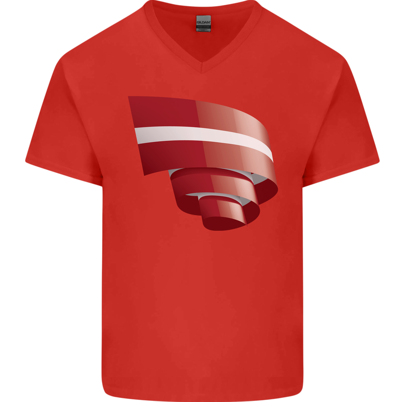 Curled Latvia Flag Latvian Day Football Mens V-Neck Cotton T-Shirt Red
