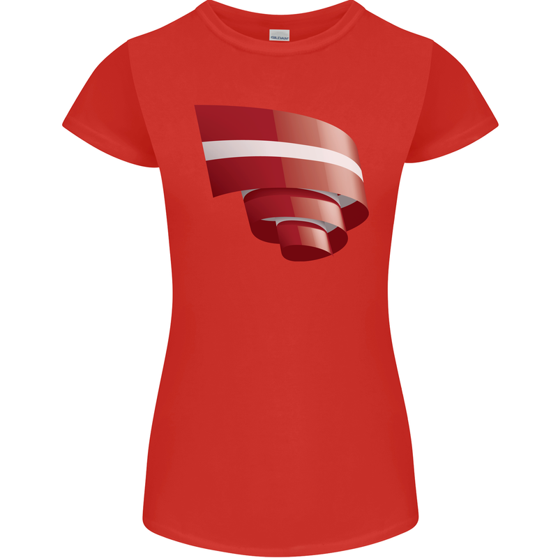 Curled Latvia Flag Latvian Day Football Womens Petite Cut T-Shirt Red