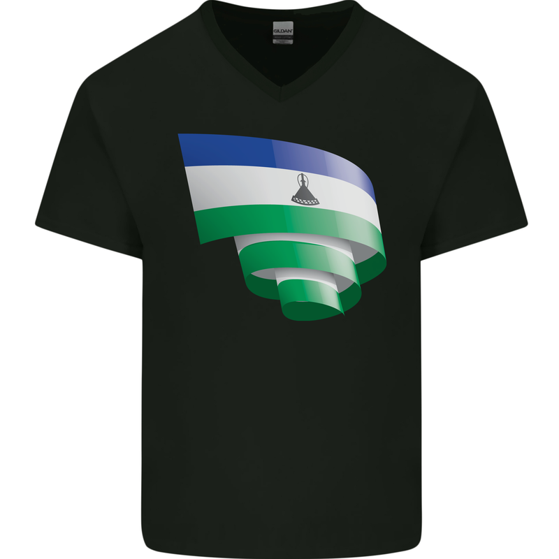 Curled Lesotho Flag Basotho Day Football Mens V-Neck Cotton T-Shirt Black