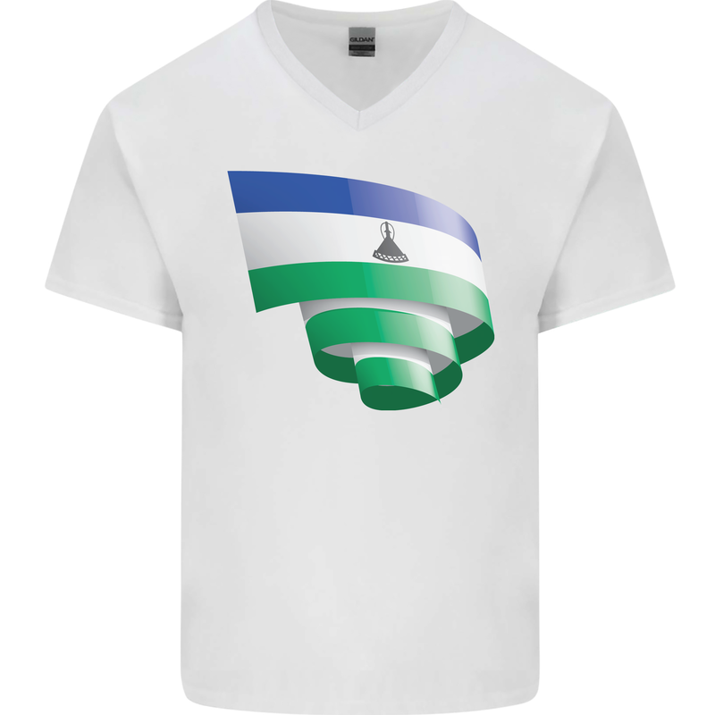 Curled Lesotho Flag Basotho Day Football Mens V-Neck Cotton T-Shirt White
