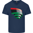 Curled Libya Flag Libyan Day Football Mens V-Neck Cotton T-Shirt Navy Blue