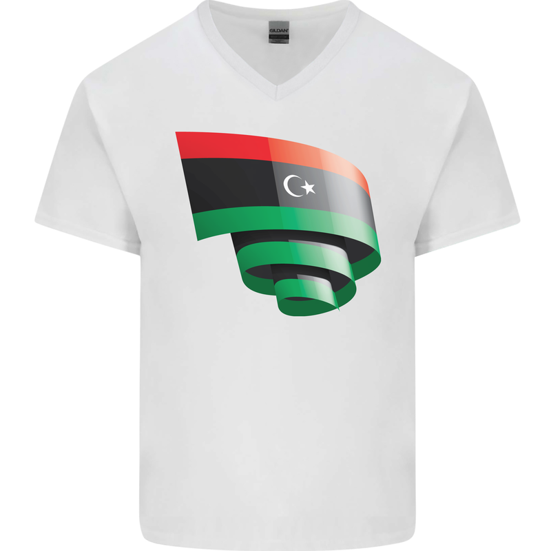 Curled Libya Flag Libyan Day Football Mens V-Neck Cotton T-Shirt White