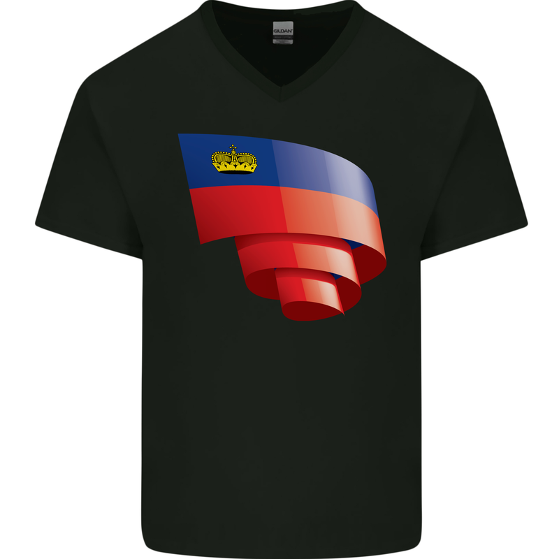 Curled Liechtenstein Flag Liechtensteiner Day Football Mens V-Neck Cotton T-Shirt Black