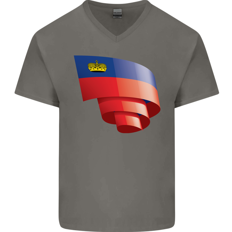 Curled Liechtenstein Flag Liechtensteiner Day Football Mens V-Neck Cotton T-Shirt Charcoal