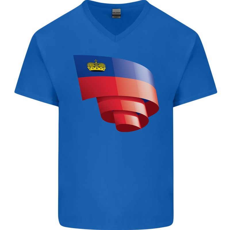 Curled Liechtenstein Flag Liechtensteiner Day Football Mens V-Neck Cotton T-Shirt Royal Blue