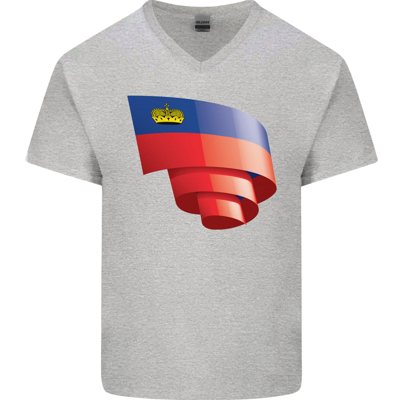 Curled Liechtenstein Flag Liechtensteiner Day Football Mens V-Neck Cotton T-Shirt Sports Grey