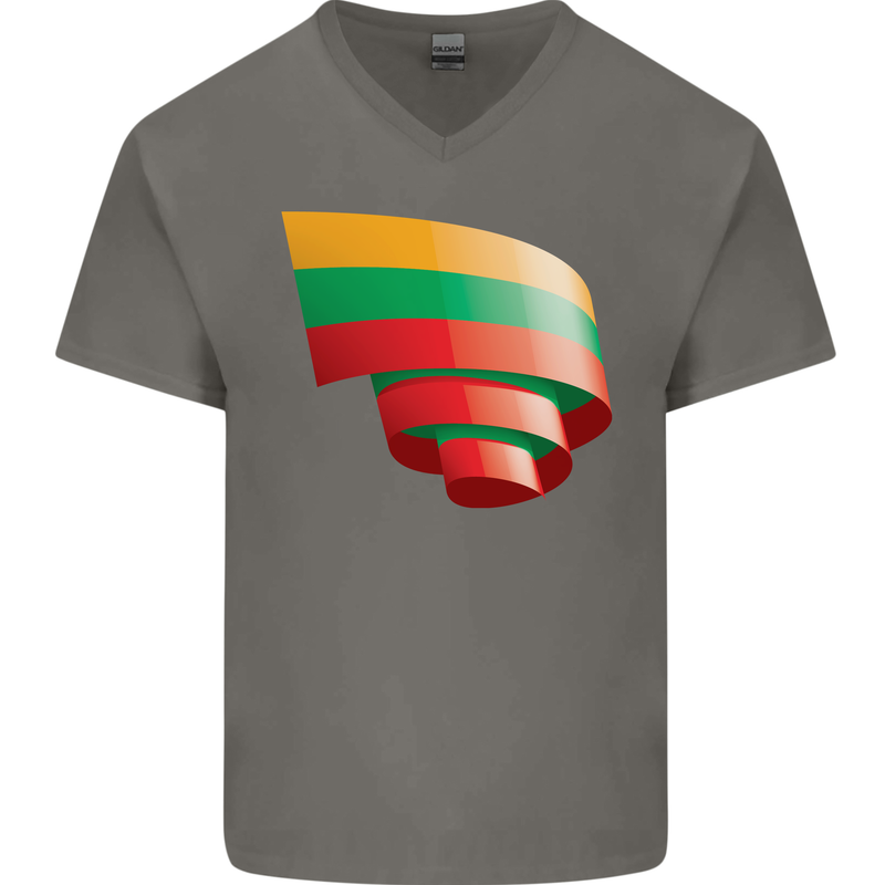 Curled Lithuania Flag Lithuania Day Football Mens V-Neck Cotton T-Shirt Charcoal