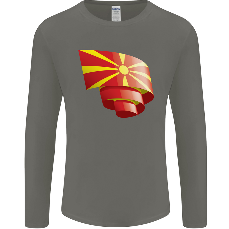Curled Macedonia Flag Macedonian Day Football Mens Long Sleeve T-Shirt Charcoal
