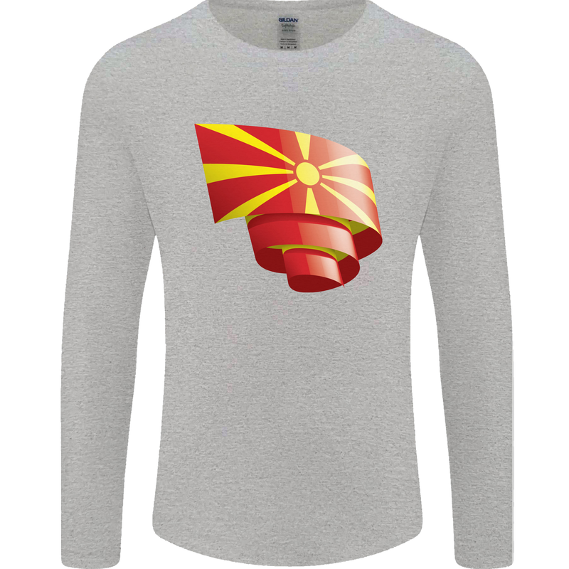 Curled Macedonia Flag Macedonian Day Football Mens Long Sleeve T-Shirt Sports Grey