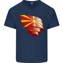 Curled Macedonia Flag Macedonian Day Football Mens V-Neck Cotton T-Shirt Navy Blue